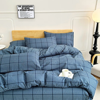 曼克顿（MANKEDUN）简约亲肤棉四件套床上用品舒适裸睡高支高密格子床单被套床品套件 瓦尔-深蓝 三件套1.2m床适用-被套150*200cm