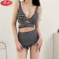 浪莎（LangSha）泳衣女性感高腰遮肚显瘦聚拢千鸟格分体比基尼白衬衫 高腰比基尼 S
