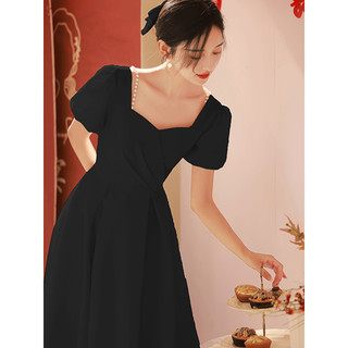 塞德勒（SAIDELE）黑色小晚礼服平时可穿泡泡袖演出聚会轻礼裙赫本订婚连衣裙 黑色 XXXL (建议136-145斤)