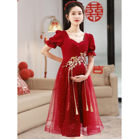 塞德勒(SAIDELE)中式敬酒服新娘高端结婚小个子女夏订婚礼服平时可穿回门服 酒红色中长款 XS(建议75-85斤)