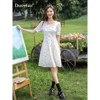 朵以（Duoyi）2023夏季新款法式甜美减龄花朵印花显瘦收腰方领连衣裙小个子女 白色 L