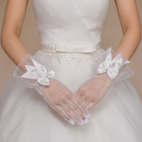 乔芈新娘结婚手套 白色红色婚纱礼服短款手套长款蕾丝网纱缎面礼仪 特 1032-白色