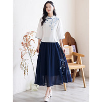 妖妮旗袍汉服成人女年轻日常2023复古中国风棉麻绣花连衣裙两件套8818 白色上衣+蓝色裙 M