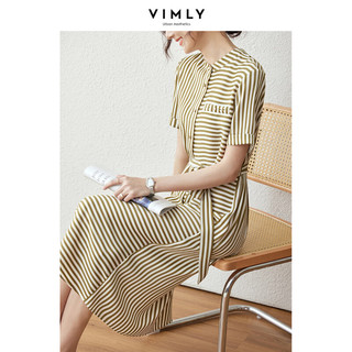 梵希蔓横竖条纹立领连衣裙女夏季法式复古宽松显瘦正式场合衬衫裙 V8995 绿白条纹 M