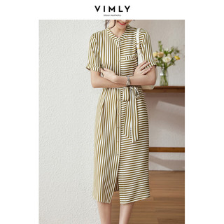 梵希蔓横竖条纹立领连衣裙女夏季法式复古宽松显瘦正式场合衬衫裙 V8995 绿白条纹 M