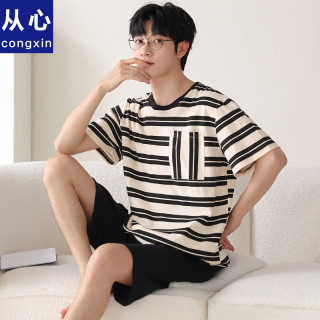 从心睡衣男夏季纯棉薄款韩版条纹大码青年短袖短裤男士睡衣夏天家居服