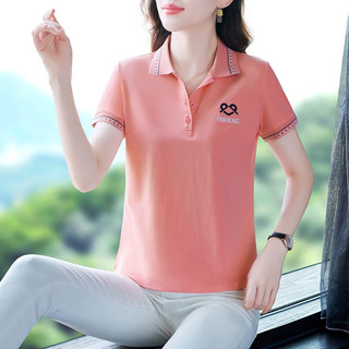 语缦高端POLO衫短袖T恤女夏季新款时尚中年妈体恤休闲运动翻领t恤 粉色 XL(110-120斤)