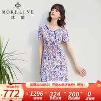 MORELINE沐兰小众设计感印花连衣裙2023夏装新款简约V领通勤 紫印花 44/XXL