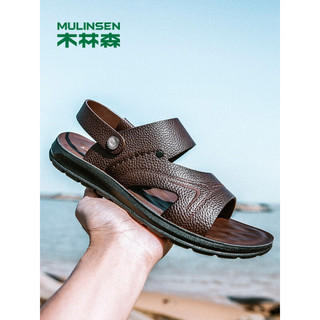 木林森（MULINSEN）官方男鞋2023新款夏季透气凉鞋男头层牛皮黑色沙滩鞋耐磨凉拖 棕色 40