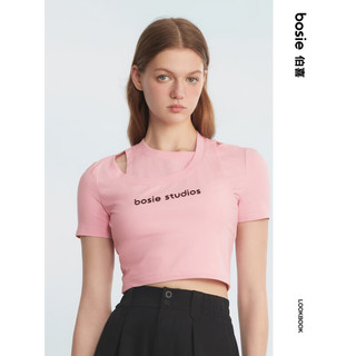 bosie 2023年夏季新款短袖T恤女结构截短字母印花T恤 粉色 S