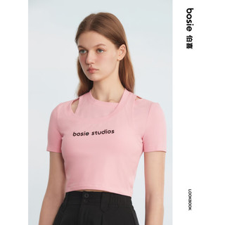 bosie 2023年夏季新款短袖T恤女结构截短字母印花T恤 粉色 S