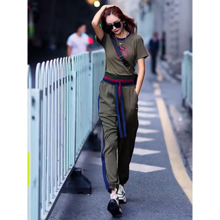 CMQ香港潮牌欧货墨绿色新款休闲运动套装女夏显瘦显高短袖恤卫裤两件 图色两件套 S