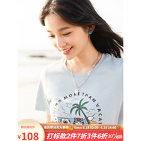 lagogo拉谷谷2023夏季新款圆领印花纯棉短袖T恤女 浅蓝色(N8) 160/M/38
