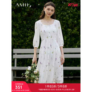 AMII2023夏新款几何领型植物印花雪纺连衣裙子女七分袖法式仙女裙 米白 160/84A/M