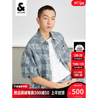 杰克·琼斯（JACK&JONES）夏季男款潮流高街个性字母满印宽松牛仔短袖衬衫223259014 蓝 180/100A/L