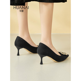 华耐（huanai）水钻饰扣高跟鞋尖头细跟时装鞋浅口单鞋女鞋 15111281 黑色 35