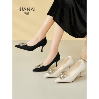 华耐（huanai）水钻饰扣高跟鞋尖头细跟时装鞋浅口单鞋女鞋 15111281 黑色 35