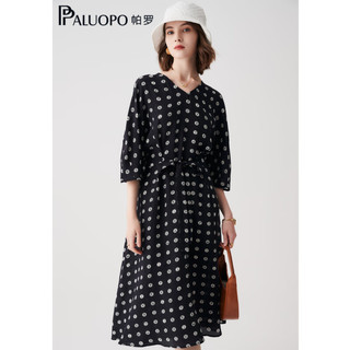 帕罗（PALUOPO）23真丝连衣裙夏新款V领宽松显瘦减龄印花A字裙 黑藏青 XL(170/92A)
