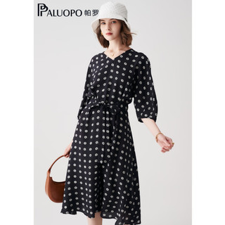 帕罗（PALUOPO）23真丝连衣裙夏新款V领宽松显瘦减龄印花A字裙 黑藏青 XL(170/92A)