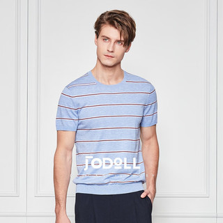 乔顿（JODOLL）桑蚕丝男士休闲短袖T恤夏季时尚撞色条纹圆领短袖 蓝色 46