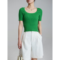 初棉大U领针织短袖T恤女夏季新款含羊毛坑条短款上衣修身显瘦 绿色 均码