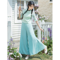 妖妮旗袍汉服成人女年轻款2023复古民族中国风仙气古典舞蹈服茶服1072 青色裤装 S