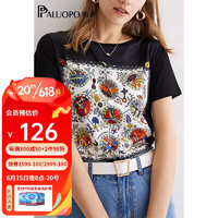 帕罗（PALUOPO）真丝印花短袖T恤女装钉珠AB面夏季新品休闲半袖上衣 黑色 M(160/84A)