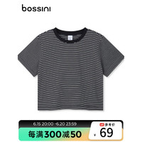 bossini 堡狮龙 女款夏季新品休闲宽松时尚短款条纹圆领短袖T恤 6000黑/白 S