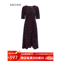 naivee纳薇23夏季新款漫夏茶歇裙爱心印花度假立体剪裁抽褶连衣裙 黑色 155/80A/S