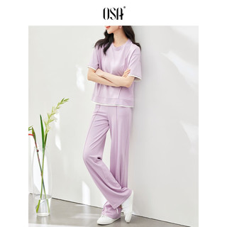 欧莎（OSA）短袖休闲运动套装女夏季薄款假两件卫衣直筒裤两件套 紫色 L