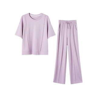 欧莎（OSA）短袖休闲运动套装女夏季薄款假两件卫衣直筒裤两件套 紫色 L