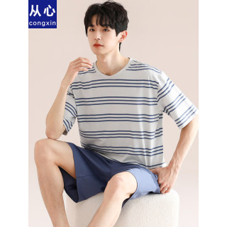 从心睡衣男夏季纯棉薄款青年韩版条纹大码圆领夏天短袖短裤男士家居服