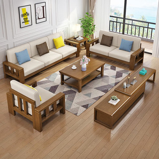 摩高空间实木沙发橡胶木冬夏两用中式沙发客厅沙发茶几组合 单人位