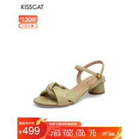 KISSCAT接吻猫女鞋夏季新款中跟凉拖简约通勤鞋子女一字带凉鞋KA43300-12 灰绿色 34