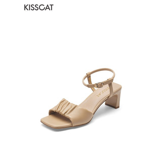 KISSCAT接吻猫女鞋夏季新款高跟凉鞋女舒适粗跟凉拖一字带凉鞋KA43315-11 藕色 33