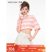 西遇（Westlink）美式T恤女2023年夏季新款设计感小众条纹宽松圆领半袖上衣 粉红色 M