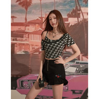 CHUU满印字母星星T恤女2023夏季新品甜辣修身黑色露背短袖上衣薄 黑色 均码