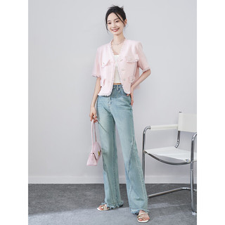 西遇小香风短袖开衫女2023年夏季新款法式高级感显瘦温柔系小外套 粉红 M