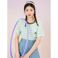 lagogo拉谷谷2023年夏季新款圆领拼接森系绿色条纹撞色T恤女短袖 绿色(L2) 均码
