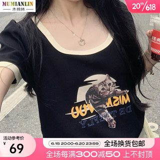 木棉林（mumianlin）大码女装短袖T恤女2023夏季新款胖mm短款修身撞色猫咪印花上衣 黑色 L(建议100-120斤)