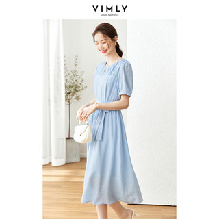梵希蔓小个子蓝色法式圆领短袖连衣裙女2023年夏季新款褶皱收腰裙 M1301 蓝色 L