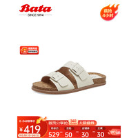 拔佳（Bata）外穿拖鞋2023夏商场新款百搭牛皮英伦舒适一字凉拖鞋ATP01BT3 米白 35