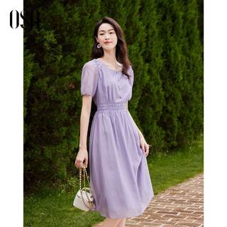 OSA 欧莎 法式薄款泡泡袖天丝连衣裙女夏2023新款收腰显瘦裙子 紫色 M