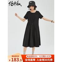 佐丹奴连衣裙女针梭织拼接极简风腰带收腰设计感小黑裙女18463211 09黑色 XS