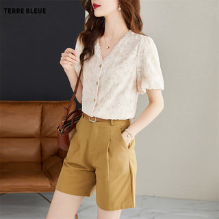 TERRE BLEUE时尚套装女夏季气质V领衬衫高腰显瘦小个子短裤休闲两件套 杏色M