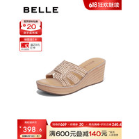 百丽（Belle）编织鞋面拖鞋女2023夏季新商场同款坡跟凉拖Z4A1DBT3 杏色 36