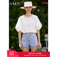 AMII2023夏新款圆领泡芙灯笼袖法式小衫白衬衫女宽松棉质弹力上衣 米白 170/92A/XL