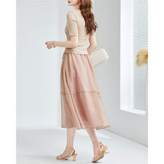 TERRE BLEUE时尚套装女夏季气质V领衬衫搭高腰半身裙小个子两件套 粉色 L