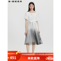 S.DEER 圣迪奥 女装方领撞色网纱泡泡袖连衣裙S232Z1275 本白/9B L/170