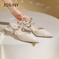 卓诗尼（Josiny）凉鞋女气质一字带凉鞋搭扣尖头包头后空细跟高跟鞋 米白色 34